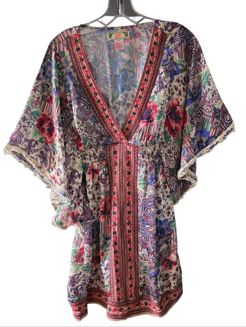 Flying Tomato Multi-Color Kimono Style V-Neck Mini Dress Size Medium